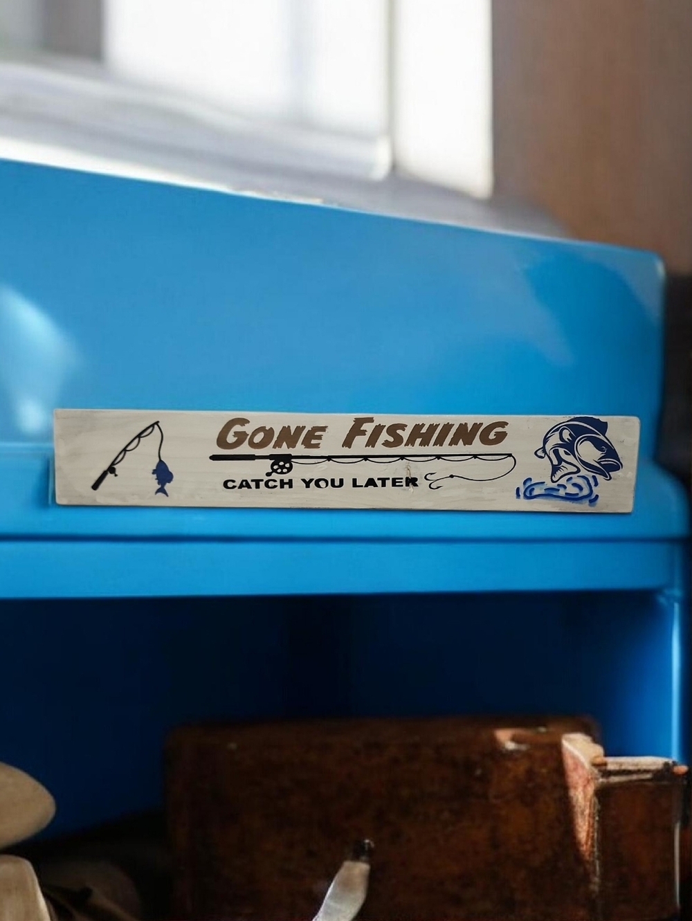 Handpainted GONE FISHING Catch You Later Shelf Sitter